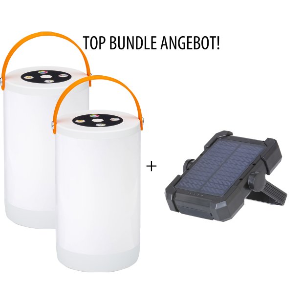 TOP Bundle Angebot ! 2x LED Outdoor Tischleuchte in weiß-orange ohne Akku + Gratis Solar Powerbank 10.000mAh IP44spritzwassergeschützt