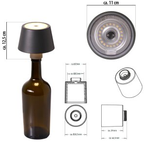LED Akku Tischlampe Flaschenlampe Tischleuchte mit Touchsensor 3000mAh Akku 200lm warmweißes - grau