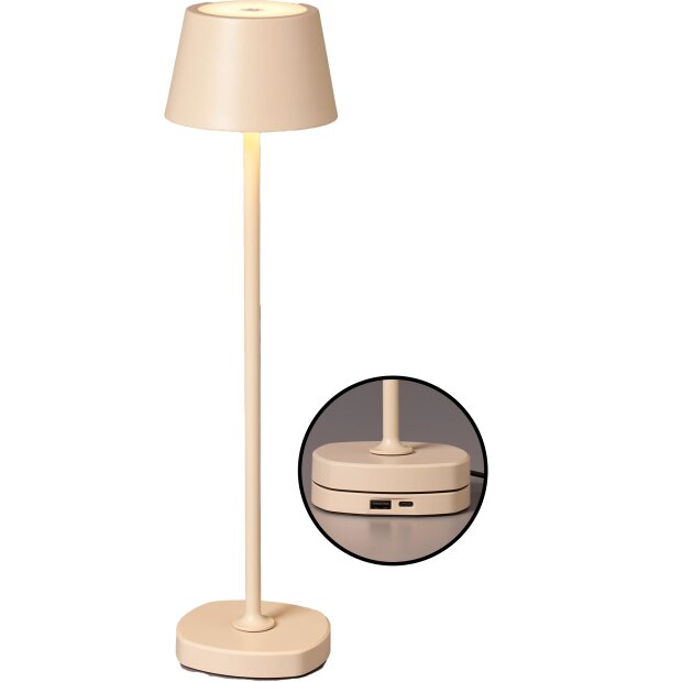 LED Akku Tischlampe mit Ladestation max. 45cm hoch mit 3000mAh Akku 200lm warmweißes Licht (3000K) beige