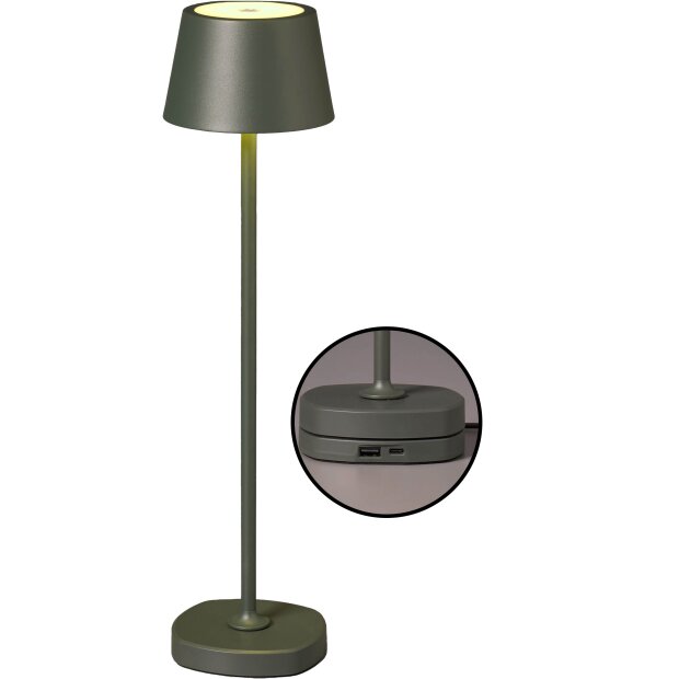 LED Akku Tischlampe mit Ladestation max. 45cm hoch mit 3000mAh Akku 200lm warmweißes Licht (3000K) olivegrün