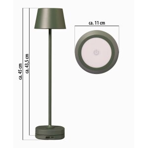 LED Akku Tischlampe mit Ladestation max. 45cm hoch mit 3000mAh Akku 200lm warmweißes Licht (3000K) olivegrün