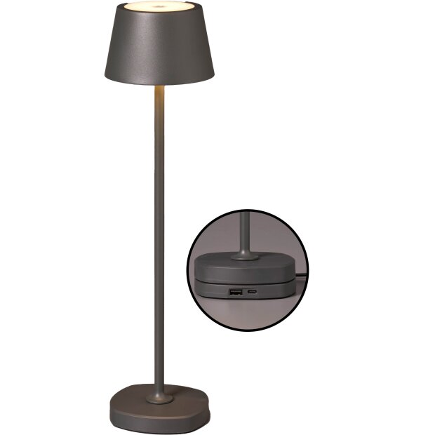 LED Akku Tischlampe mit Ladestation max. 45cm hoch mit 3000mAh Akku 200lm warmweißes Licht (3000K) grau