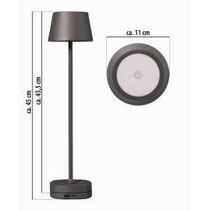 LED Akku Tischlampe mit Ladestation max. 45cm hoch mit 3000mAh Akku 200lm warmweißes Licht (3000K) grau
