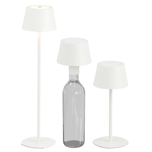 3in1 LED Tischlampe Flaschenleuchte in weiß max. 45cm hoch mit 3000mAh Akku 200lm warmweißes Licht