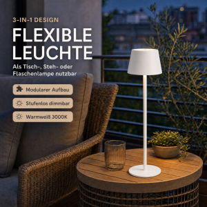 Modulare 3-in-1 LED Akku Tischlampe Weiß – Dimmbare Tisch- & Flaschenleuchte, IP54