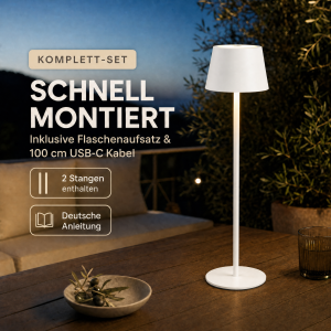 Modulare 3-in-1 LED Akku Tischlampe Weiß – Dimmbare Tisch- & Flaschenleuchte, IP54