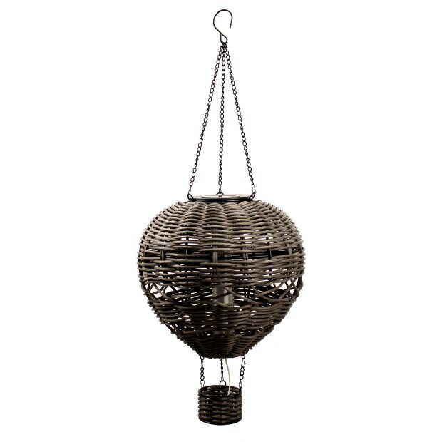LED Solar Laterne Rattan Heißluftballon Windlicht mit Aufhängung Haken - Rattan grau groß