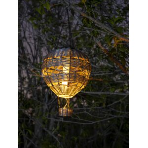 LED Solar Laterne Rattan Heißluftballon Windlicht mit Aufhängung Haken - Rattan grau groß