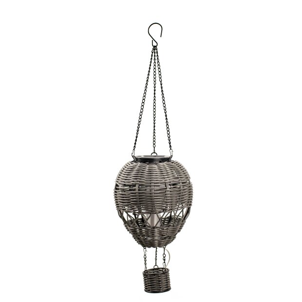 LED Solar Laterne Rattan Heißluftballon Windlicht mit Aufhängung Haken - Rattan grau klein