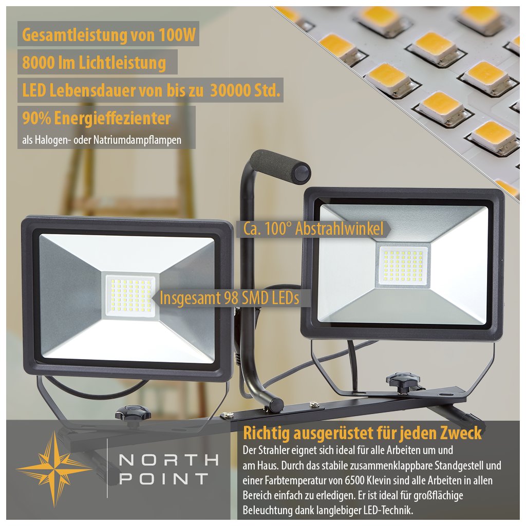Northpoint LED Baustrahler Arbeitsstrahler Fluter 30W Leistung 3000 Lumen Lichtstrom stabiles Standgestell und 2m Zuleitung 