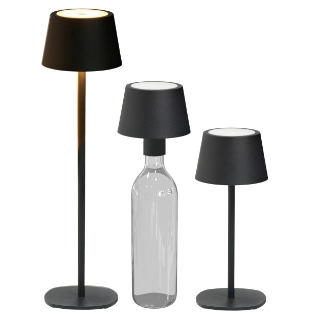 3in1 LED Tischlampe Flaschenleuchte in schwarz max. 45cm hoch mit 3000mAh Akku 200lm warmweißes