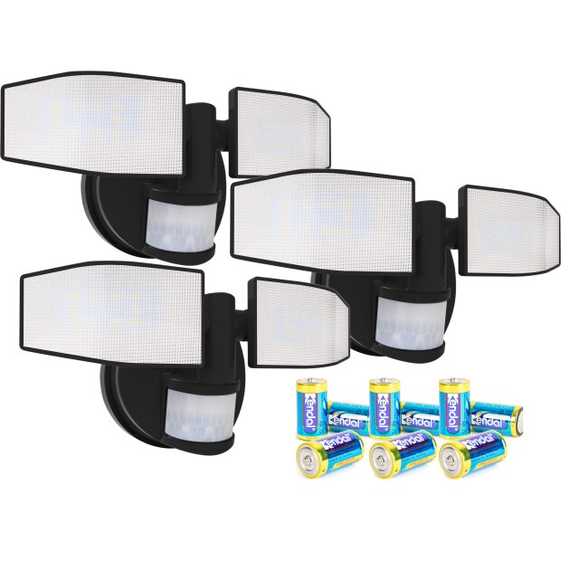 LED Batterie Strahler mit Bewegungsmelder und schwenkbaren Köpfen Schwarz 3er-Set