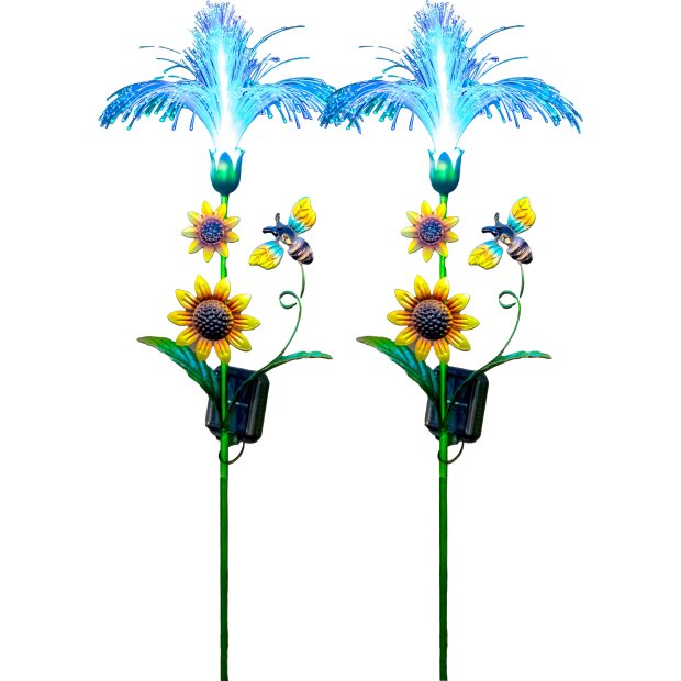 LED Solar Sonnenblume 2er-Set Gartenstecker mit Fiber Beleuchtung Glasfaser - 2er-Set RGB