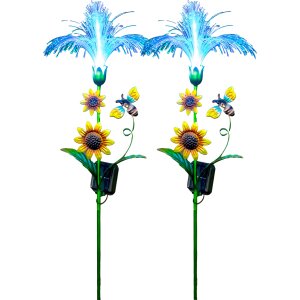 LED Solar Sonnenblume 2er-Set Gartenstecker mit Fiber...