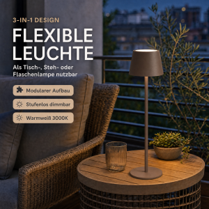 Modulare 3-in-1 LED Akku Tischlampe Taupe – Dimmbare Tisch- & Flaschenleuchte, IP54