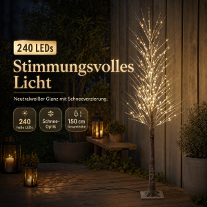 Festlicher 150 cm LED Baum mit Schneeverzierung  240 neutralweiße LEDs, 5 Meter Kabel &