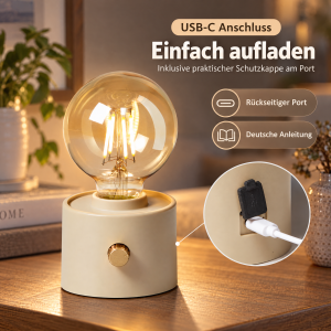 Vintage LED Akku-Tischleuchte Edison Glühbirne stufenlos dimmbar USB-C Beige