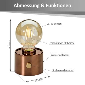 Vintage Akku Glühbirne Edison LED Tischlampe USB-C dimmbar mit Drehschalter  moderne Dekoration Bronze