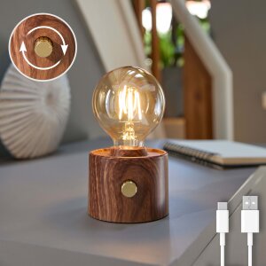 Vintage Akku Glühbirne Edison LED Tischlampe USB-C dimmbar mit Drehschalter  moderne Dekoration Walnuss