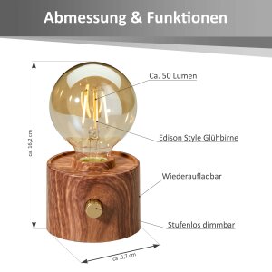 Vintage Akku Glühbirne Edison LED Tischlampe USB-C dimmbar mit Drehschalter  moderne Dekoration Walnuss