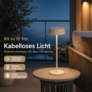 Elegante LED Akku Tischleuchte Dimmbar Kabellos IP54 Metallgehäuse höhenverstellbar beige
