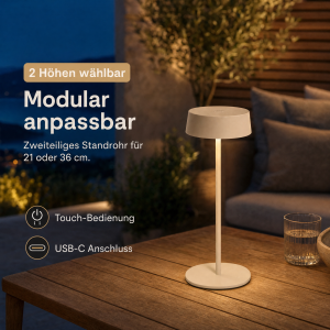 Elegante LED Akku Tischleuchte Dimmbar Kabellos IP54 Metallgehäuse höhenverstellbar beige