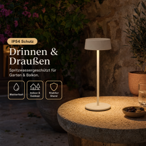 Elegante LED Akku Tischleuchte Dimmbar Kabellos IP54 Metallgehäuse höhenverstellbar beige