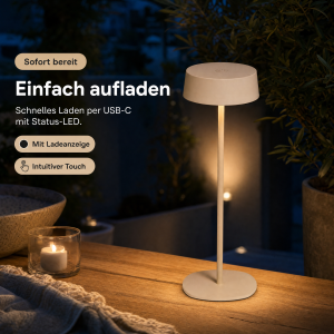 Elegante LED Akku Tischleuchte Dimmbar Kabellos IP54 Metallgehäuse höhenverstellbar beige