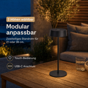 Elegante LED Akku Tischleuchte Dimmbar Kabellos IP54 Metallgehäuse höhenverstellbar schwarz