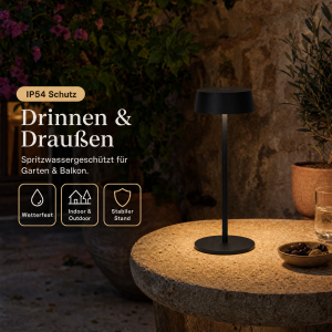 Elegante LED Akku Tischleuchte Dimmbar Kabellos IP54 Metallgehäuse höhenverstellbar schwarz