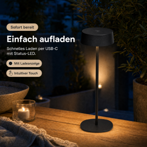 Elegante LED Akku Tischleuchte Dimmbar Kabellos IP54 Metallgehäuse höhenverstellbar schwarz