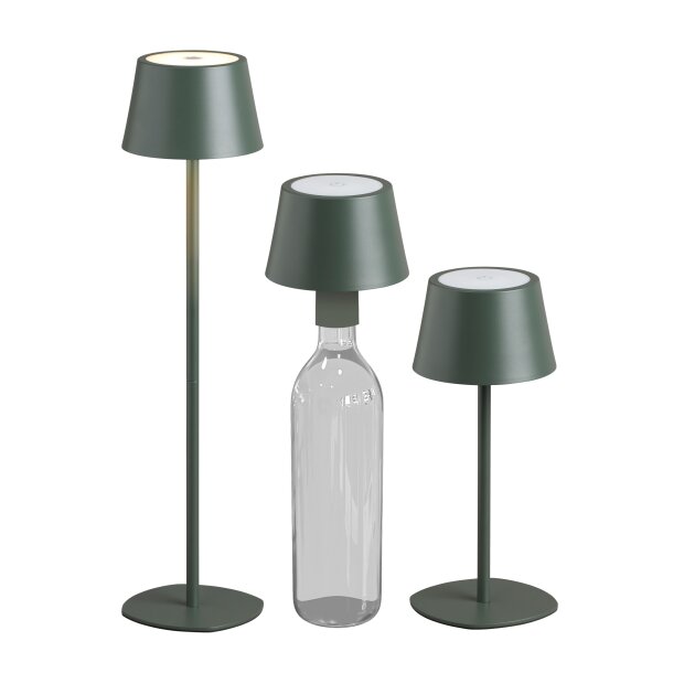 Northpoint 3in1 LED Tischlampe 2er-Set Flaschenleuchte in olivegrün max. 45cm hoch mit 3000mAh Akku 200lm warmweißes Licht (3000K) stufenlos dimmbar für Innen und Außen