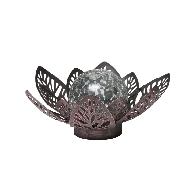 B-Ware Dekorative Solar Lotus Wasserlilie aus Metall mit Glaskugel warmweißes Licht - Bruchglasoptik (D x H) 28 x 12 cm Groß Braun mit Stanzmuster
