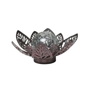 B-Ware Dekorative Solar Lotus Wasserlilie aus Metall mit Glaskugel warmweißes Licht - Bruchglasoptik (D x H) 28 x 12 cm Groß Braun mit Stanzmuster