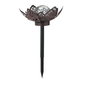 B-Ware Dekorative Solar Lotus Wasserlilie aus Metall mit Glaskugel warmweißes Licht - Bruchglasoptik (D x H) 28 x 12 cm Groß Braun mit Stanzmuster
