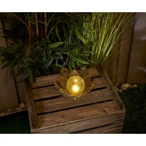 B-Ware Dekorative Solar Lotus Wasserlilie aus Metall mit Glaskugel warmweißes Licht - Bruchglasoptik (D x H) 28 x 12 cm Groß Braun mit Stanzmuster