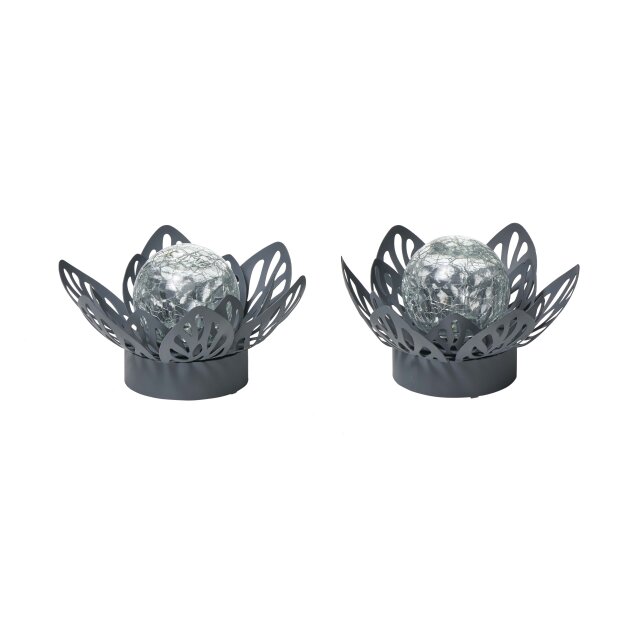 B-Ware 2x Dekorative Lotus Wasserlilie batteriebetrieben mit Timer aus Metall mit Glaskugel warmweißes Licht - Bruchglasoptik (D x H) 16,5 x 8 cm Grau Klein mit Stanzmuster