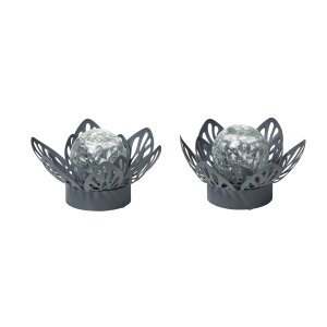 B-Ware 2x Dekorative Lotus Wasserlilie batteriebetrieben mit Timer aus Metall mit Glaskugel warmweißes Licht - Bruchglasoptik (D x H) 16,5 x 8 cm Grau Klein mit Stanzmuster