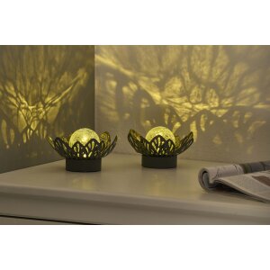 B-Ware 2x Dekorative Lotus Wasserlilie batteriebetrieben mit Timer aus Metall mit Glaskugel warmweißes Licht - Bruchglasoptik (D x H) 16,5 x 8 cm Grau Klein mit Stanzmuster