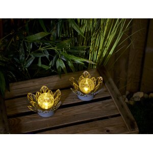 B-Ware 2x Dekorative Lotus Wasserlilie batteriebetrieben mit Timer aus Metall mit Glaskugel warmweißes Licht - Bruchglasoptik (D x H) 16,5 x 8 cm Grau Klein mit Stanzmuster