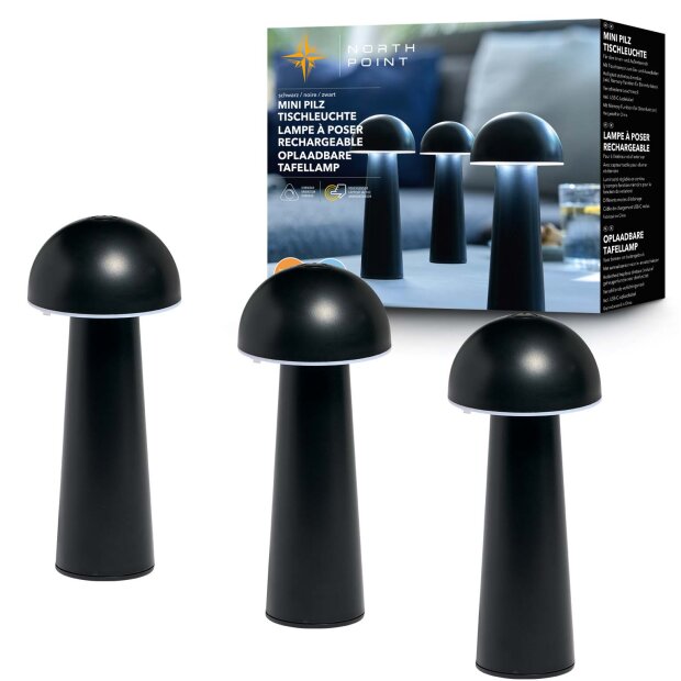 Moderne LED Tischleuchte in Pilzform im 3er-Set für den Innen- und Außenbereich stufenlos dimmbar Pilz schwarz