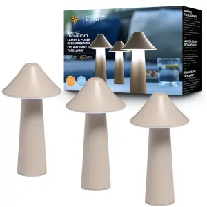 Moderne LED Tischleuchte in Pilzform im 3er-Set für den Innen- und Außenbereich stufenlos dimmbar Zelt taupe