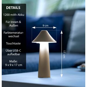 Moderne LED Tischleuchte in Pilzform im 3er-Set für den Innen- und Außenbereich stufenlos dimmbar Zelt taupe