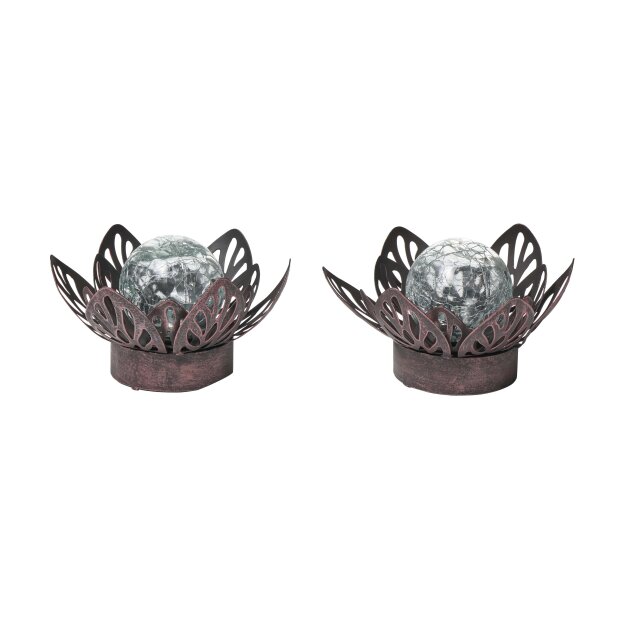 B-Ware 2x Dekorative Lotus Wasserlilie batteriebetrieben mit Timer aus Metall mit Glaskugel warmweißes Licht - Bruchglasoptik (D x H) 16,5 x 8 cm Braun Klein mit Stanzmuster