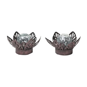 B-Ware 2x Dekorative Lotus Wasserlilie batteriebetrieben mit Timer aus Metall mit Glaskugel warmweißes Licht - Bruchglasoptik (D x H) 16,5 x 8 cm Braun Klein mit Stanzmuster