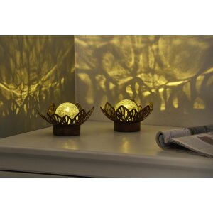 B-Ware 2x Dekorative Lotus Wasserlilie batteriebetrieben mit Timer aus Metall mit Glaskugel warmweißes Licht - Bruchglasoptik (D x H) 16,5 x 8 cm Braun Klein mit Stanzmuster
