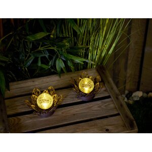 B-Ware 2x Dekorative Lotus Wasserlilie batteriebetrieben mit Timer aus Metall mit Glaskugel warmweißes Licht - Bruchglasoptik (D x H) 16,5 x 8 cm Braun Klein mit Stanzmuster