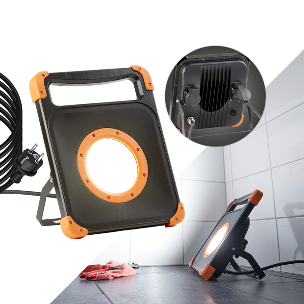B-Ware Northpoint LED Baustrahler Arbeitsstrahler 50W mit stabilem Standgestell 2x rückseitige Steckdose 5m Kabel 4000K neutralweiß Ein/Aus Schalter