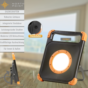 B-Ware Northpoint LED Baustrahler Arbeitsstrahler 50W mit stabilem Standgestell 2x rückseitige Steckdose 5m Kabel 4000K neutralweiß Ein/Aus Schalter