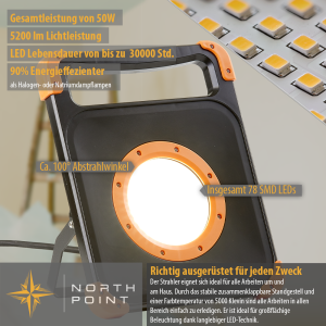 B-Ware Northpoint LED Baustrahler Arbeitsstrahler 50W mit stabilem Standgestell 2x rückseitige Steckdose 5m Kabel 4000K neutralweiß Ein/Aus Schalter